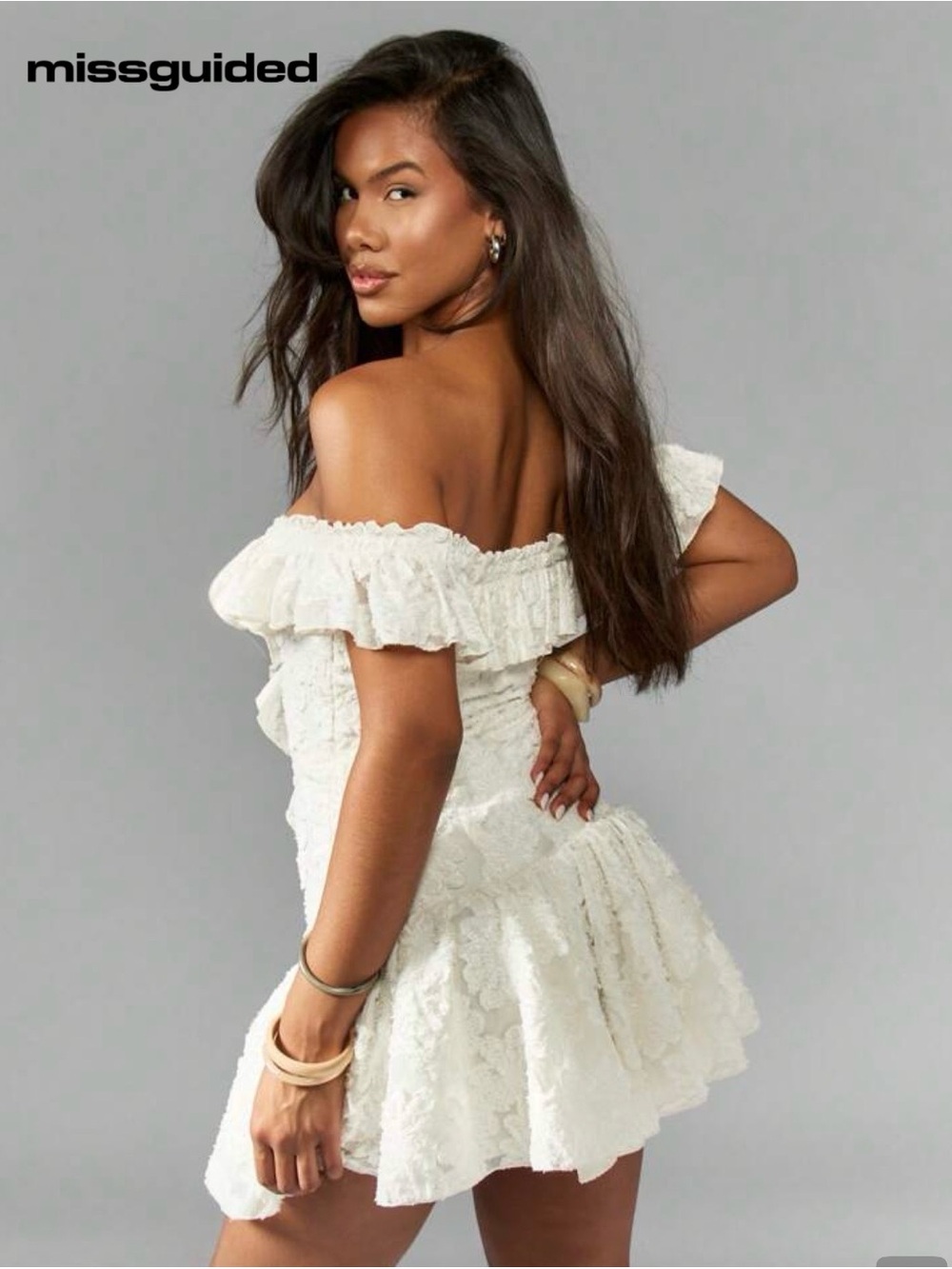 Missguided Cream Off-Shoulder Ruffle Mini Dress - Picture 3 of 5